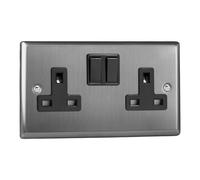 Varilight Double Switched Plug Socket - Classic Brushed Steel with Black Insert, XT5B