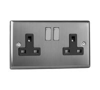 Varilight Double Switched Plug Socket - Classic Brushed Steel With Brushed Steel/Black Insert, XT5DB