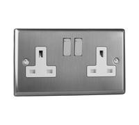 Varilight Switched Socket XT5DW Classic Brushed Steel 2-Gang 13A Brushed Steel/White Insert