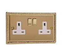 Varilight Switched Socket XG5DW – 2-Gang 13A Double Pole – Classic Georgian Brass, Brass/White