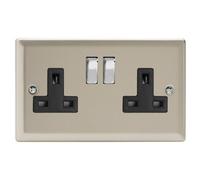 Varilight Double Switched Plug Socket - Classic Satin With Chrome/black Insert, Xn5Db