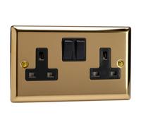 Varilight Double Switched Plug Socket - Classic Victorian Brass With Black Insert, Xv5B