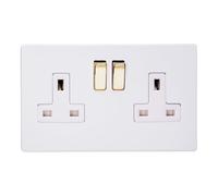 Varilight Double Switched Plug Socket - Screwless Primed With Brass/White Insert, XDY5VWS.PD