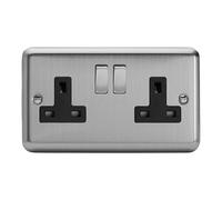 Varilight Double Switched Plug Socket - Value Matt Chrome With Brushed Steel/Black Insert, XS5DB