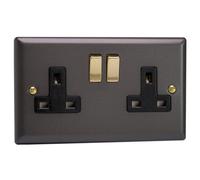Varilight Double Switched Plug Socket - Vogue Slate With Black/brass Insert, Xy5Vb.sl