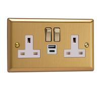 Varilight Double Switched Plug Socket With Usb C Charging - Classic Brushed Brass With Brass/white Insert, Xb5Uacdw