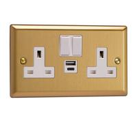 Varilight XB5UACW 13A Socket + USB, 2-Gang, 1 Pole, Classic Brushed Brass White Insert