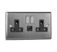 Varilight Double Switched Plug Socket With USB C Charging - Classic Brushed Steel With Brushed Steel/Black Insert, XT5UACDB