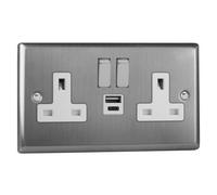 Varilight Double Switched Plug Socket With Usb C Charging - Classic Brushed Steel With Brushed Steel/white Insert, Xt5Uacdw