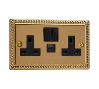 Varilight Classic Georgian Brass 2-Gang 13A Single Pole Switched Socket with 1x USB A & 1x USB C Charging Ports with Black Inserts