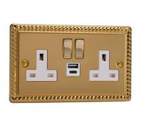 Varilight 2-Gang 13A Single Pole Switched Socket with 1x USB A & 1x USB C Charging Ports Classic Georgian Brass with Brass/White Insert