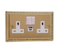 Varilight Classic Georgian Brass 2-Gang 13A Single Pole Switched Socket with 1x USB A & 1x USB C Charging Ports with White Inserts