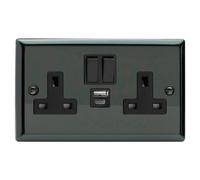 Varilight Classic Iridium Black 2-Gang 13A Single Pole Switched Socket with 1x USB A & 1x USB C Charging Ports