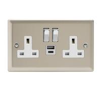 Varilight Double Switched Plug Socket With Usb A+C Charging - Classic Satin With Chrome/white Insert, Xn5Uacdw
