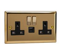 Varilight Double Switched Plug Socket With Usb A+C Charging - Classic Victorian Brass With Brass/black Insert, Xv5Uacdb