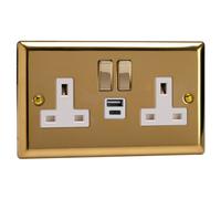 Varilight Double Switched Plug Socket With Usb A+C Charging - Classic Victorian Brass With Brass/white Insert, Xv5Uacdw