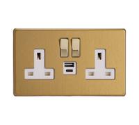Varilight Double Switched Plug Socket With Usb C Charging - Screwless Brushed Brass With Polished Brass Rocker, Xdb5Uacws