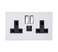 Varilight Double Switched Plug Socket With Usb C Charging - Screwless Primed Ready To Paint With Chrome Rocker, Xdy5Uacbs.pd