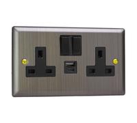 Varilight Double Switched Plug Socket With Usb C Charging - Urban Antique Brass With Black Insert, Xy5Uacb.ab