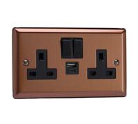 Varilight Double Switched Plug Socket With Usb C Charging - Urban Brushed Bronze With Black Insert, Xy5Uacb.bz