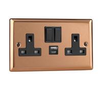 Varilight Double Switched Plug Socket With Usb C Charging - Urban Polished Copper With Black Insert, Xy5Uacb.cu