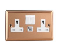 Varilight Double Switched Plug Socket With Usb C Charging - Urban Polished Copper With White Insert, Xy5Uacw.cu