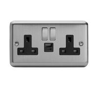 Varilight Double Switched Plug Socket With USB A+C Charging - Value Matt Chrome With Brushed Steel/Black Insert, XS5UACDB