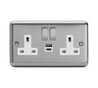 Varilight Double Switched Plug Socket With USB C Charging - Value Matt Chrome With Brushed Steel/White Insert, XS5UACDW