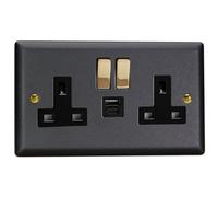 Varilight Double Switched Plug Socket With Usb C Charging - Vogue Matt Black With Polished Brass/black Insert, Xy5Uacvb.mb