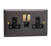 Varilight Double Switched Plug Socket With Usb C Charging - Vogue Slate With Black/brass Insert, Xy5Uacvb.sl