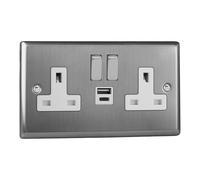 Varilight Double Switched Plug Socket With USB C Charging - Classic Brushed Steel With Brushed Steel/White Insert, XT5UACDW