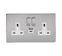 Varilight Double Switched Plug Socket With USB C Charging - Screwless Brushed Steel With Brushed Steel/White Insert, XDS5UACWS