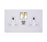 Varilight Double Switched Plug Socket With USB C Charging - Screwless Primed w/Polished Brass Rocker, XDY5UACVWS.PD