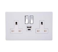 Varilight Double Switched Plug Socket With USB C Charging - Screwless Primed With Chrome Rocker, XDY5UACWS.PD
