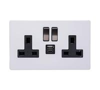 Varilight Double Switched Socket With USB C Charging - Screwless Primed Paintable With Iridium/Black Insert XDY5UACIBS.PD