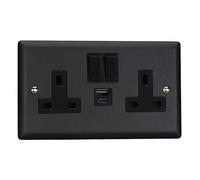 Varilight Double Switched Plug Socket With USB C Charging - Urban Matt Black With Black Insert, XY5UACB.MB