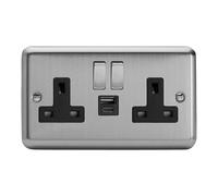 Varilight Double Switched Plug Socket With USB C Charging - Value Matt Chrome With Brushed Steel/Black Insert, XS5UACDB
