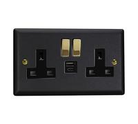 Varilight Double Switched Plug Socket With USB C Charging - Vogue Matt Black With Polished Brass/Black Insert, XY5UACVB.MB