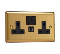Varilight XB5U2SB 13A Socket + USB, 2-Gang, 1 Pole, Classic Brushed Brass Black Insert