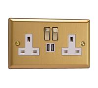 Varilight XB5U2SDW 13A Socket + USB, 2-Gang, 1 Pole, Classic Brushed Brass Brass/White Insert