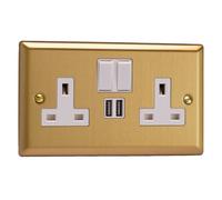 Varilight XB5U2SW 13A Socket + USB, 2-Gang, 1 Pole, Classic Brushed Brass White Insert