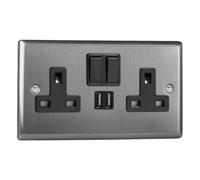 Varilight 2-Gang 13A Single Pole Switched Socket + 2x5V DC 2100mA USB Charging Ports Brushed Steel