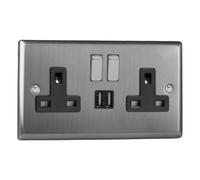 Varilight Double Switched Socket With USB Charging - Classic Brushed Steel With Brushed Steel/Black Insert