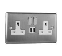 Varilight Double Switched Socket With USB Charging - Classic Brushed Steel With Brushed Steel/White Insert