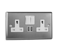 Varilight Double Switched Plug Socket With Usb Charging - Classic Brushed Steel With White Insert, Xt5U2Sw