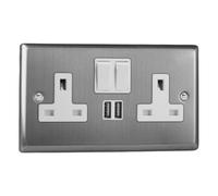 Varilight 2-Gang 13A Single Pole Switched Socket + 2x5V DC 2100mA USB Charging Ports Brushed Steel