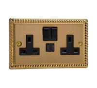 Varilight 2-Gang 13A Single Pole Switched Socket + 2x5V DC 2100mA USB Charging Ports Classic Georgian Brass with Black Insert