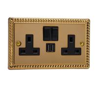 Varilight 2-Gang 13A Single Pole Switched Socket + 2x5V DC 2100mA USB Charging Ports Classic Georgian Brass with Black Insert