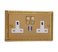 Varilight 2-Gang 13A Single Pole Switched Socket + 2x5V DC 2100mA USB Charging Ports Classic Georgian Brass with Brass/White Insert
