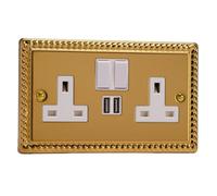 Varilight Double Switched Socket With USB Charging - Classic Georgian Brass With White Insert